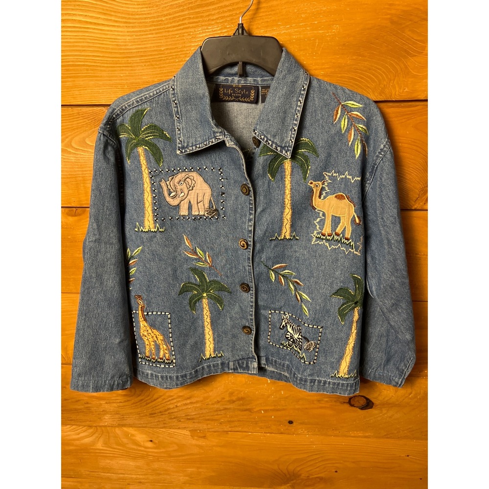 Life Style Petite‎ Denim Jacket Women's Embroidered Animal Palm Tree Safari PS